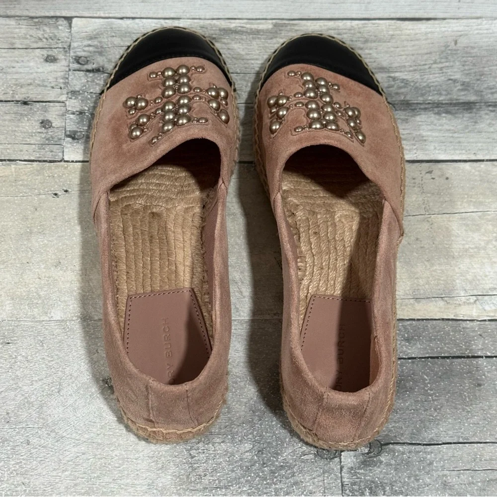 TORY BURCH PEARL LOGO SUEDE FLAT ESPADRILLES CAP TOE IN MEADOW SWEET - SZ - 7